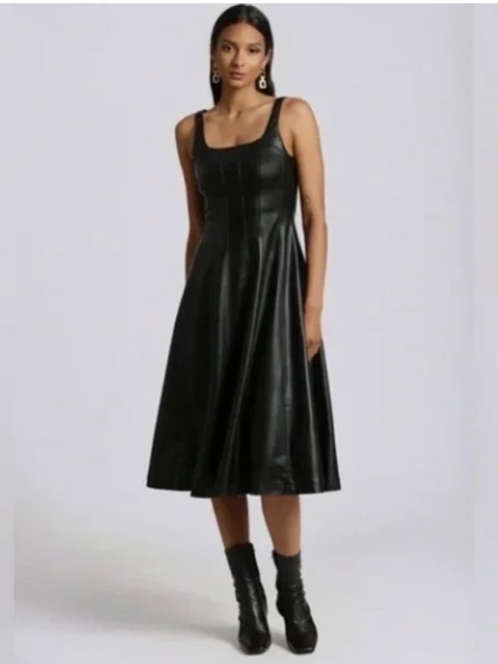 7 For All Mankind Black Faux Leather Midi Dress Dark Academia Fit & Flare NEW L